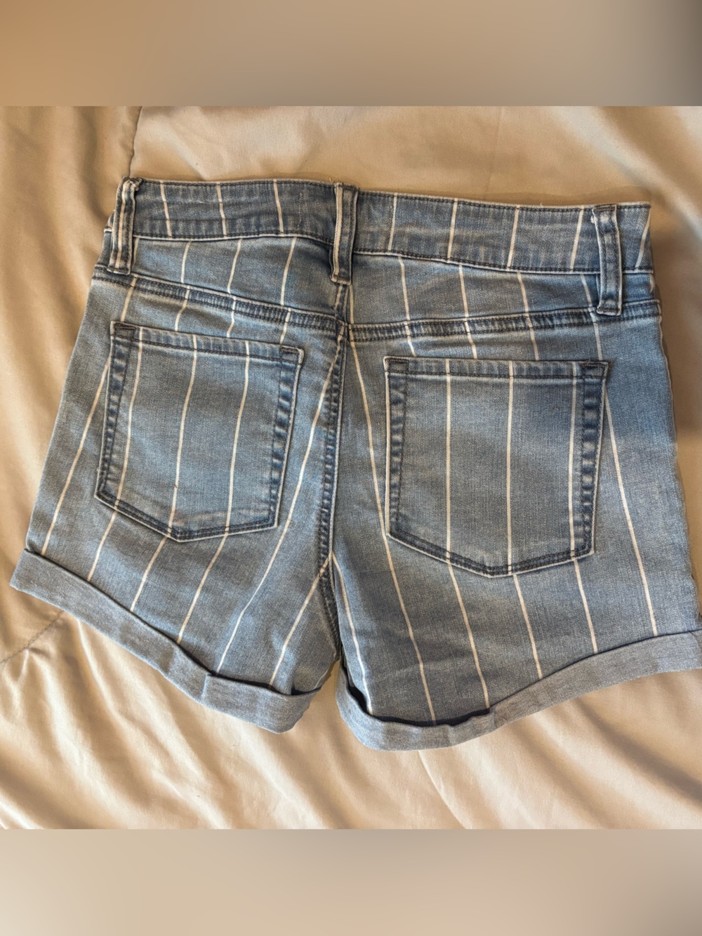 Striped Light Wash Denim Shorts - Blue